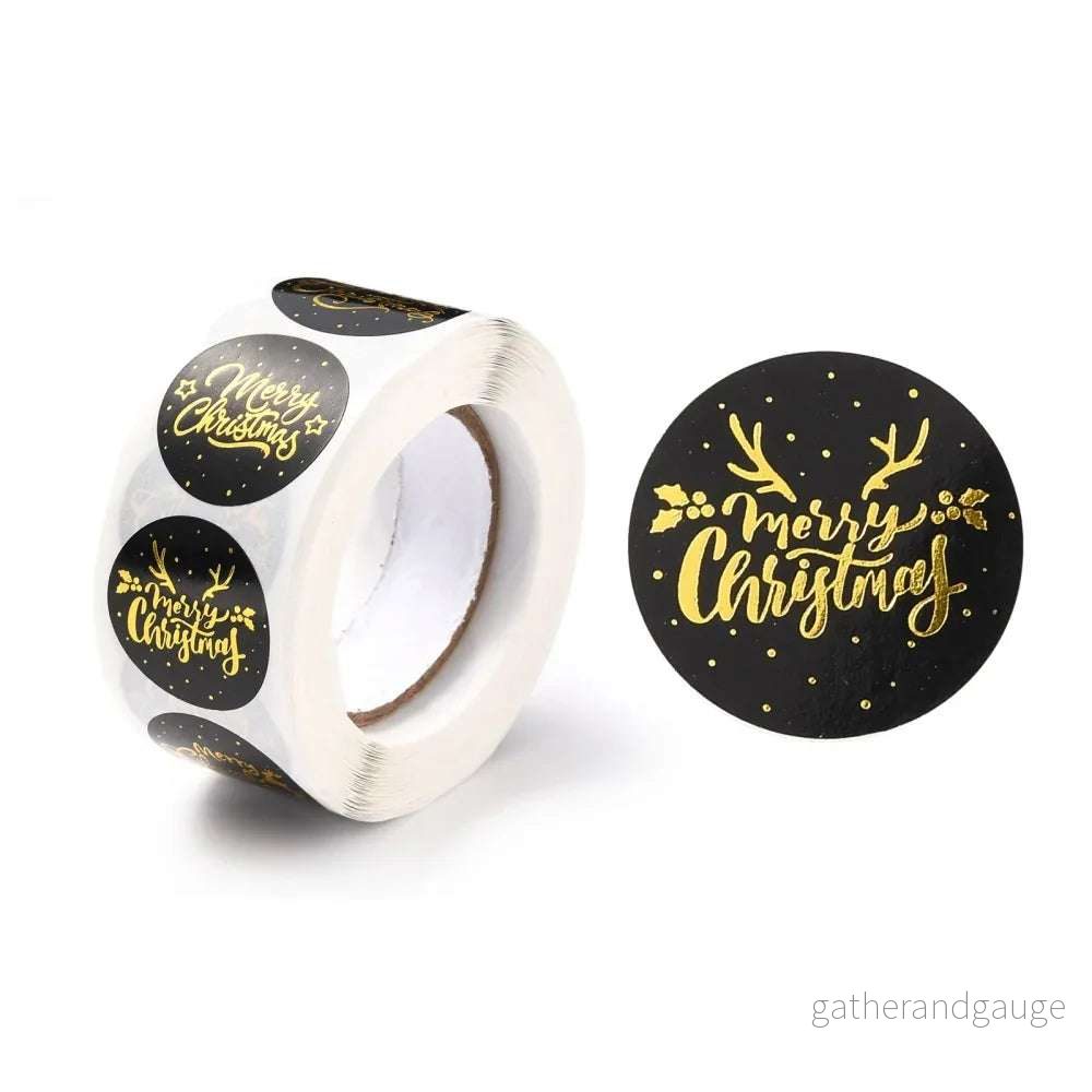 Klistermärken – Rund svart med guld Merry Christmas 1 rulle Klistermärken – Rund svart med guld Merry Christmas 1 rulle