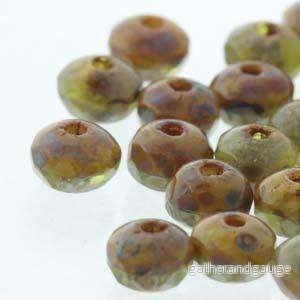 Tjeckiska Firepolish Donut - Olive/Beige Travertine 3x5mm, 1 sträng