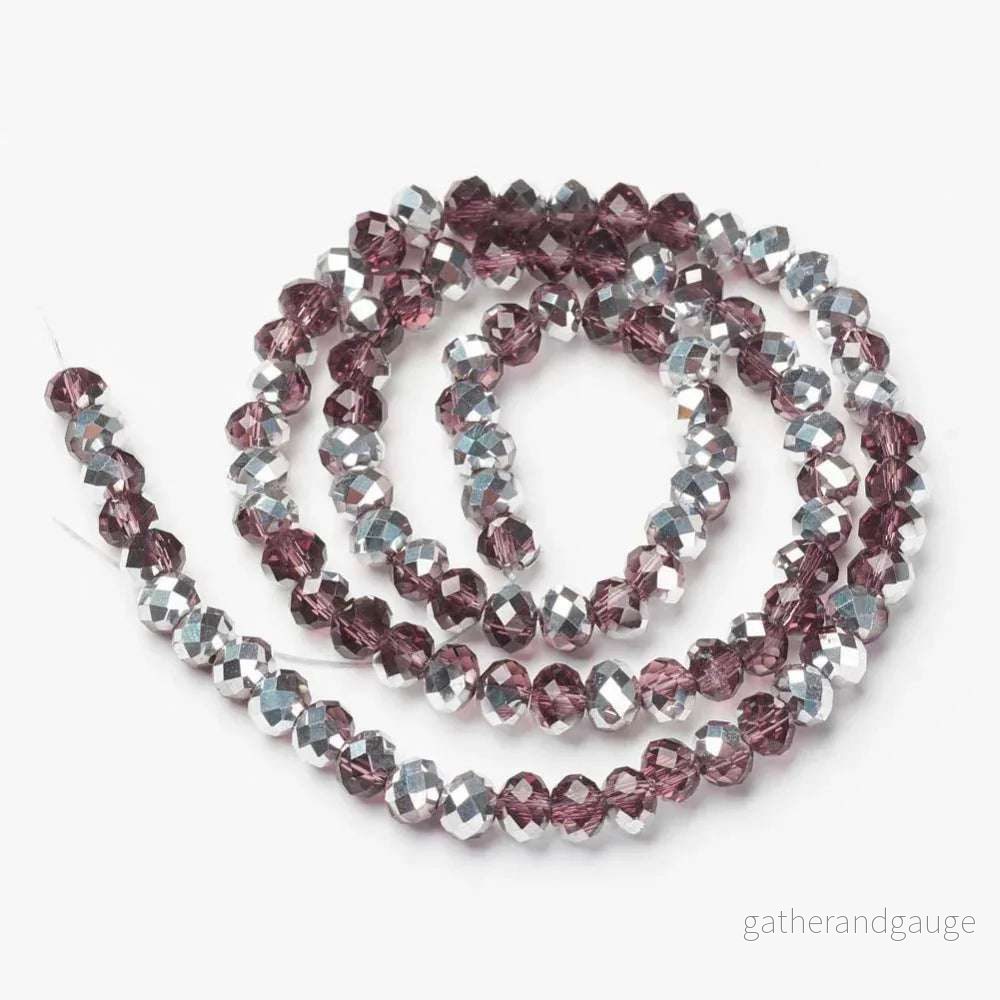 Facetterade Glaspärlor - Lila/Silver, 4x3mm, 1 Sträng