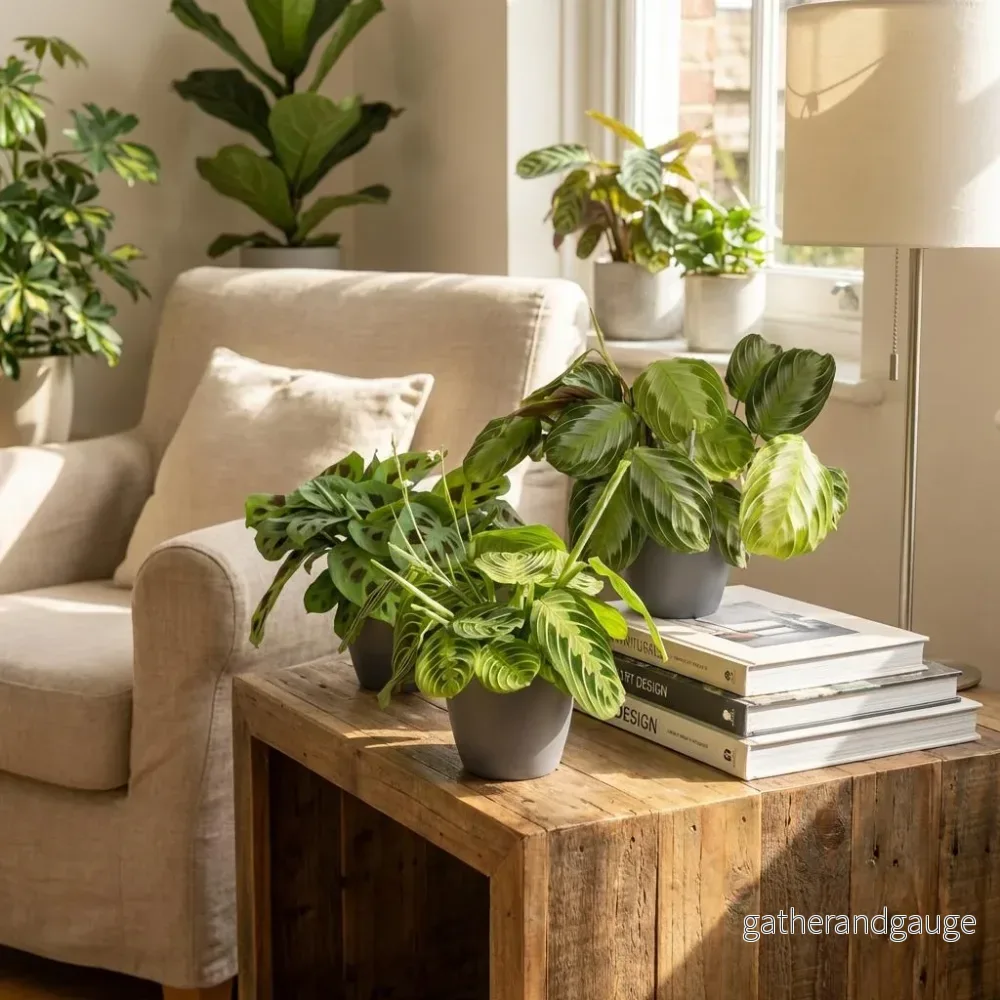 Green boutiQ – Kamerplant – Marantha Silverband, Marantha Lemon Lime Marantha Kerchoveana – Gebedsplant – Huisdiervriendelijke Plant – Groen – 3 Växtn – met Potter Grijs – Kruka 12cm – Hoogte 25cm