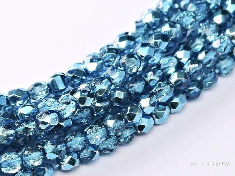 Tjeckiska Firepolish - Aqua Metallic Ice 4mm, 1 sträng