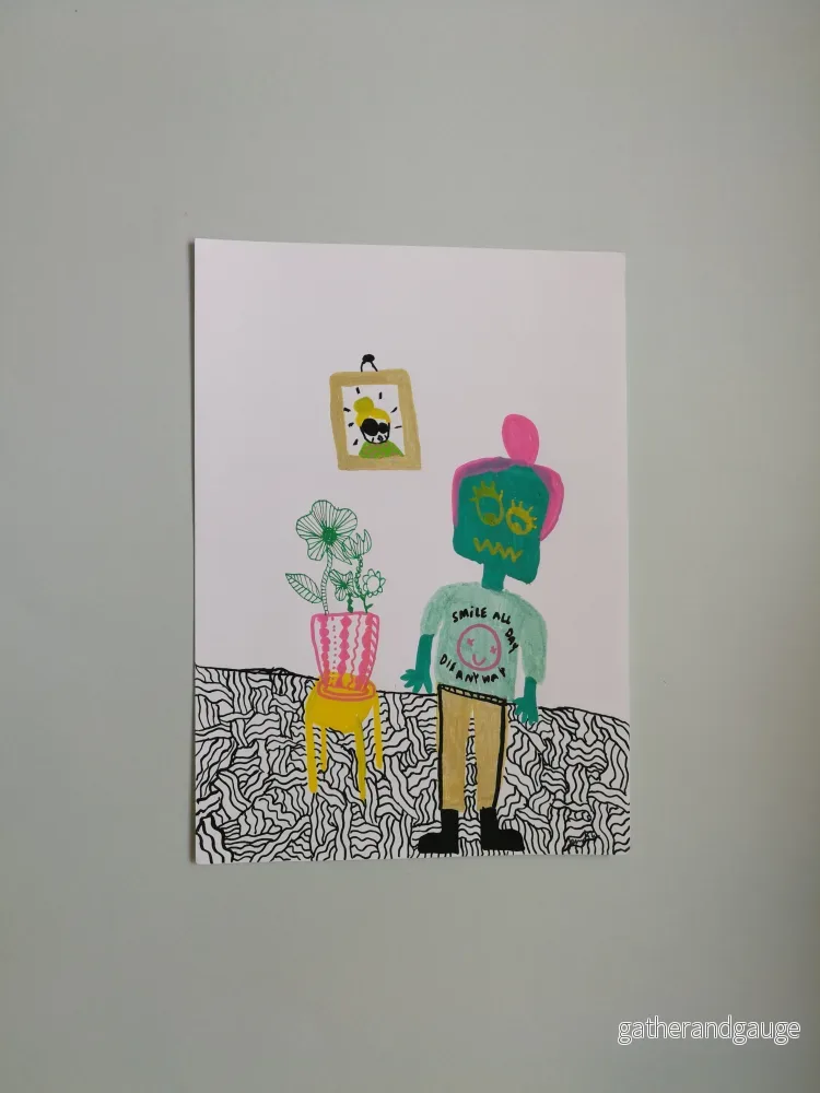 Fyndhörnan! Smile all day, die anyway. Handritad originalteckning, A4