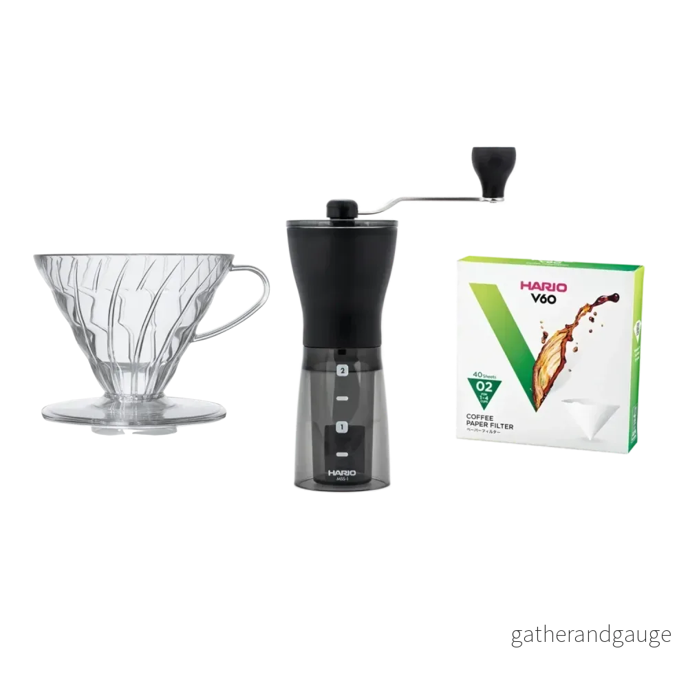 Pour Over Startkit: Hario V60-02 Dripper + Kvarn + Filter Pour Over Startkit: Hario V60-02 Dripper + Kvarn + Filter