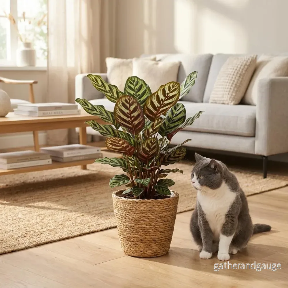 Green boutiQ – Kamerplant – Pauwenplant – Calathea Makoyana – Groen – Weinig onderhoud – 1 Plant – met Mand – Kruka 19cm – Hoogte 70cm