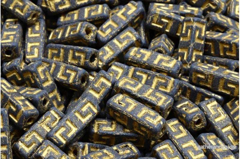 Celtic Block Beads - Jet with Gold 15x5mm, 15-pack