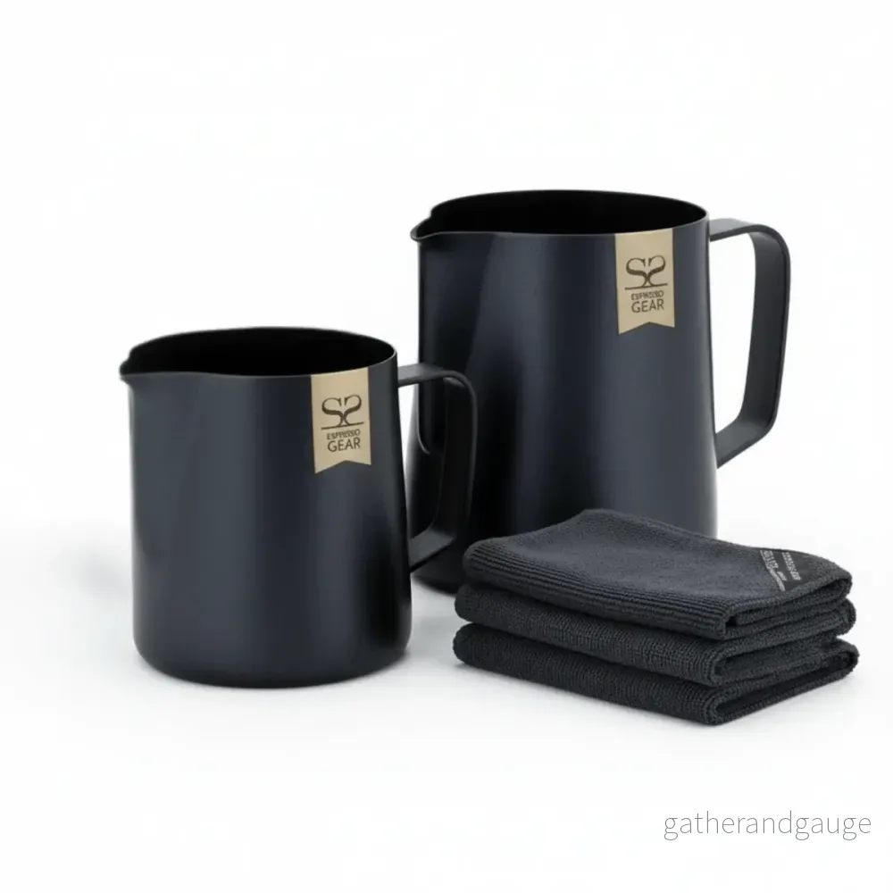 Barista Startpaket (Svart) – 2 Mjölkkannor & 3 Baristadukar