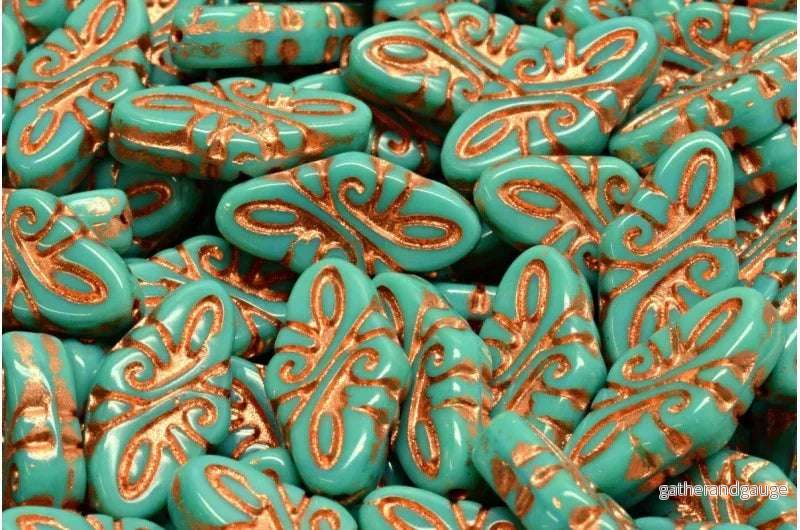 Arabesque Beads – Opaque Green Turquoise with Copper 19x9mm, 6-pack
