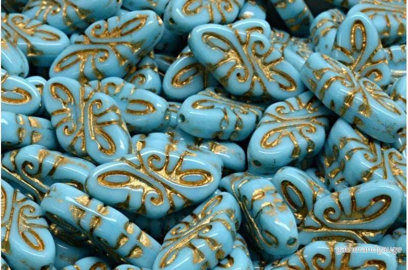 Arabesque Beads – Opaque Turquoise with Gold 19x9mm, 6-pack
