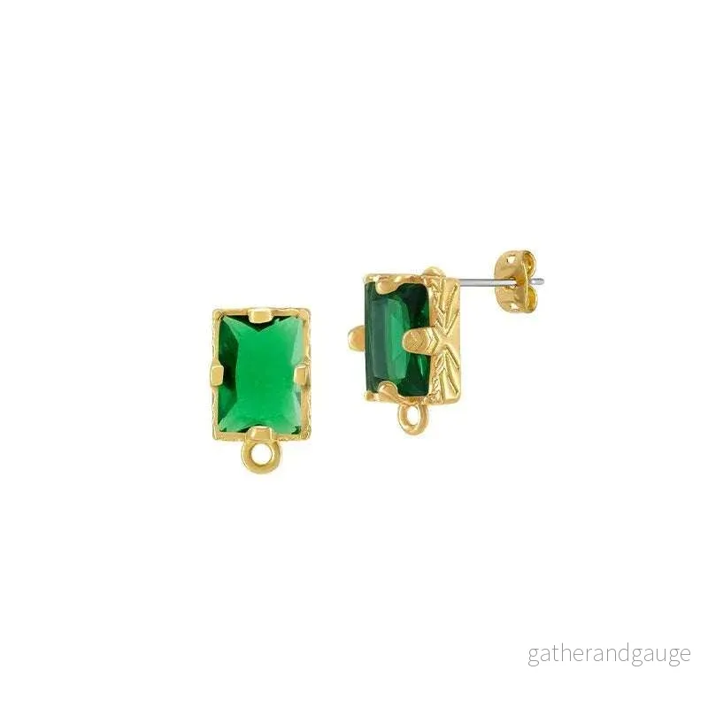 Örstickare Guldfärgad - Rektangulär glas sten Grön 6x8mm, 2-Pack