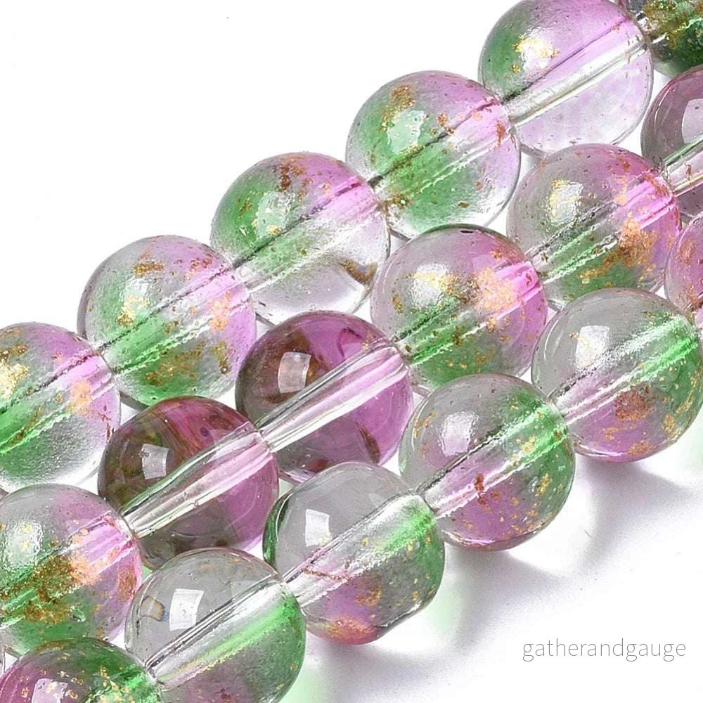Glaspärlor Rund - Rosa/grön guldshimmer 8mm 1 sträng - Bild 2
