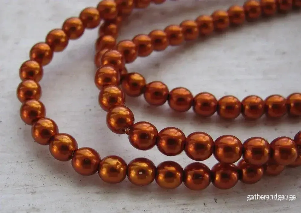 Tjeckiska Vaxade Glaspärlor - Burnt Orange 4mm, 1 sträng - Bild 2