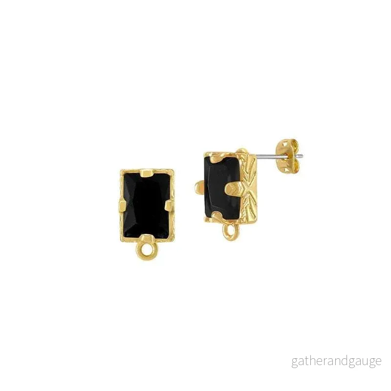 Örstickare Guldfärgad - Rektangulär glas sten Svart 6x8mm, 2-Pack