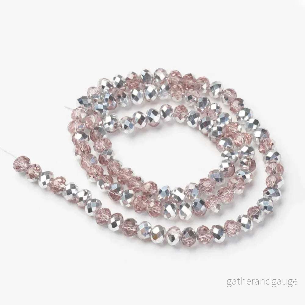 Facetterade glaspärlor - Rosa/Silver, 4x3mm, 1 sträng