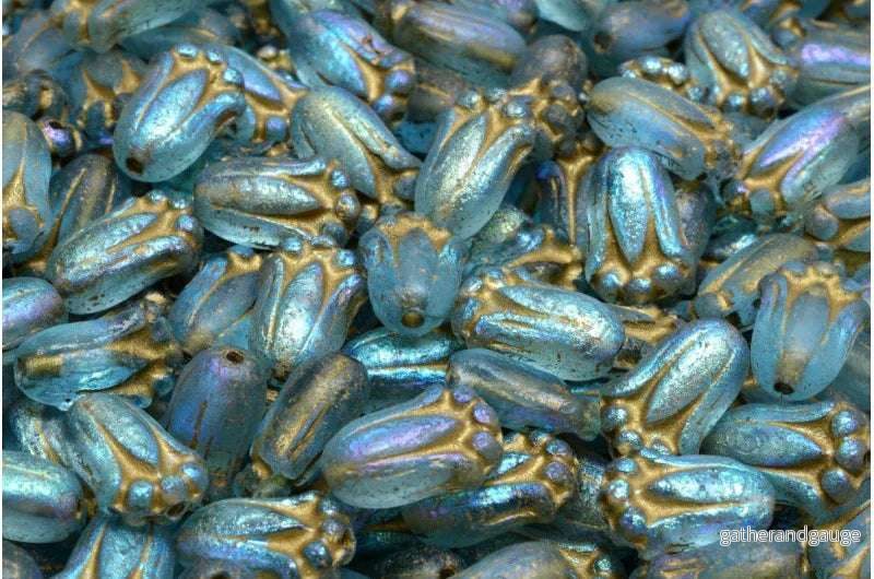 Tulip Bud Bead – Matt Light Blue with Gold 12x8mm, 20-pack Tulip Bud Bead – Matt Light Blue with Gold 12x8mm, 20-pack