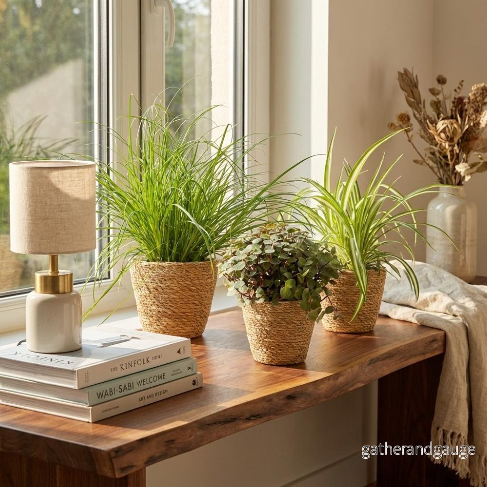 Green boutiQ – Kamerplant – Cyperus – Calissia – Chlorophytum – Mix van 3 – Huisdiervriendelijke Växtn – Groen – 3 Växtn – met Mand – Kruka 12cm – Hoogte 20cm