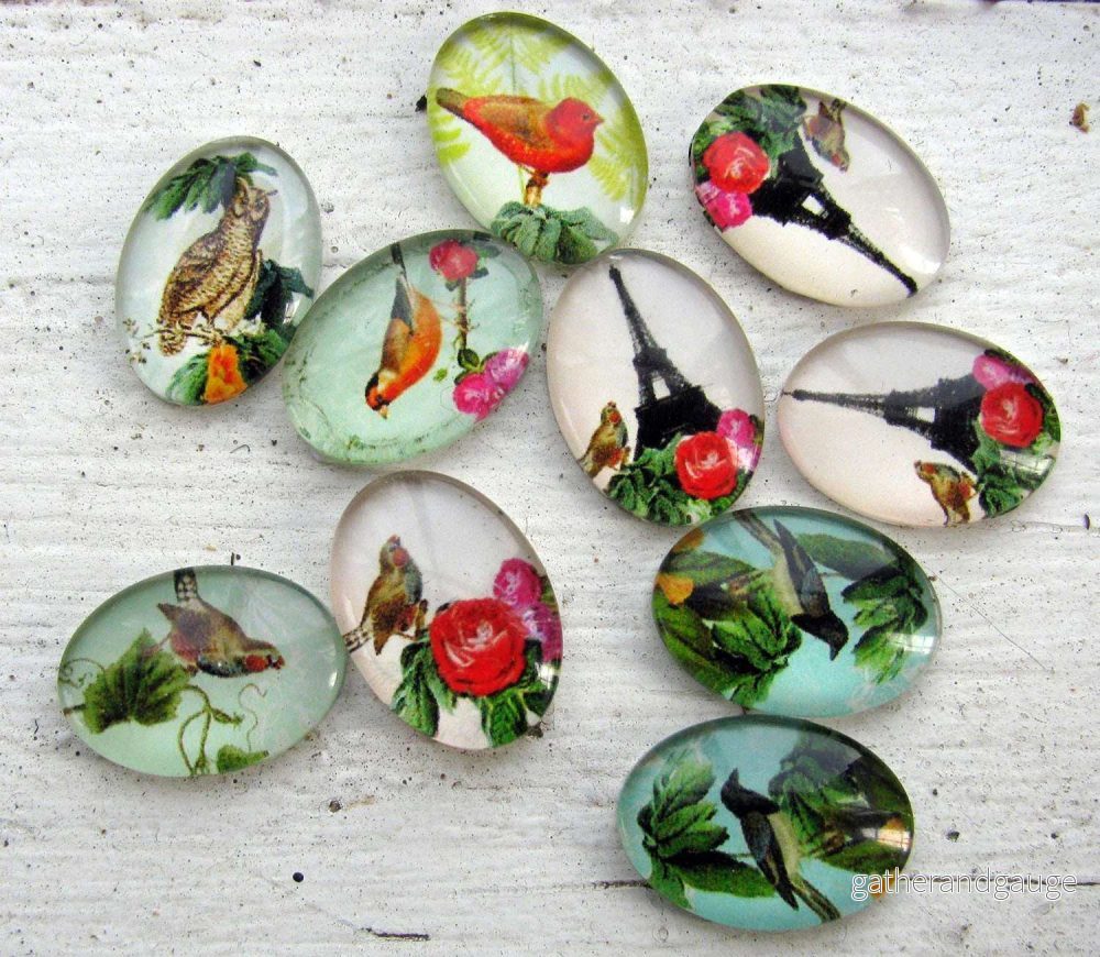 Bildcabochon Glas – Oval Fågelmix 18x13mm 10-pack