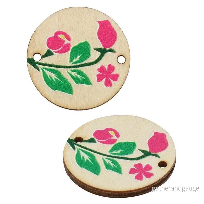 Connector Trä – Rund med Blommor 24mm 1 styck Connector Trä – Rund med Blommor 24mm 1 styck