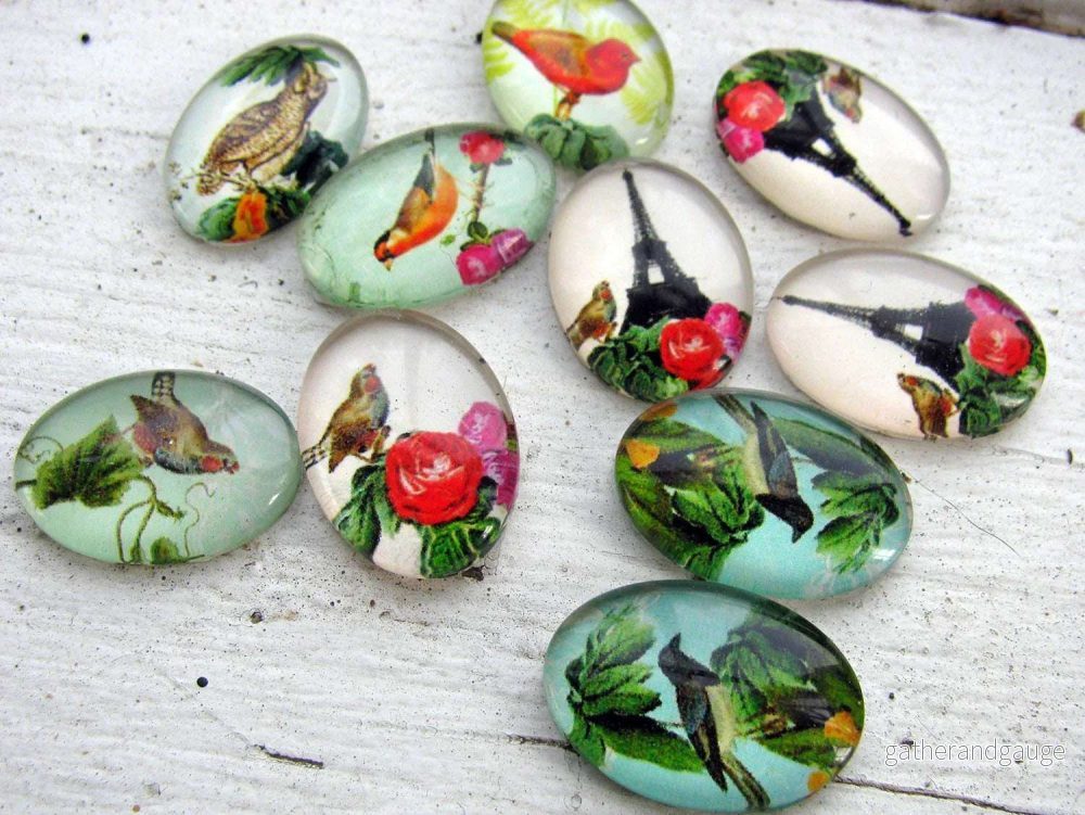 Bildcabochon Glas - Oval Fågelmix 18x13mm 10-pack - Bild 2