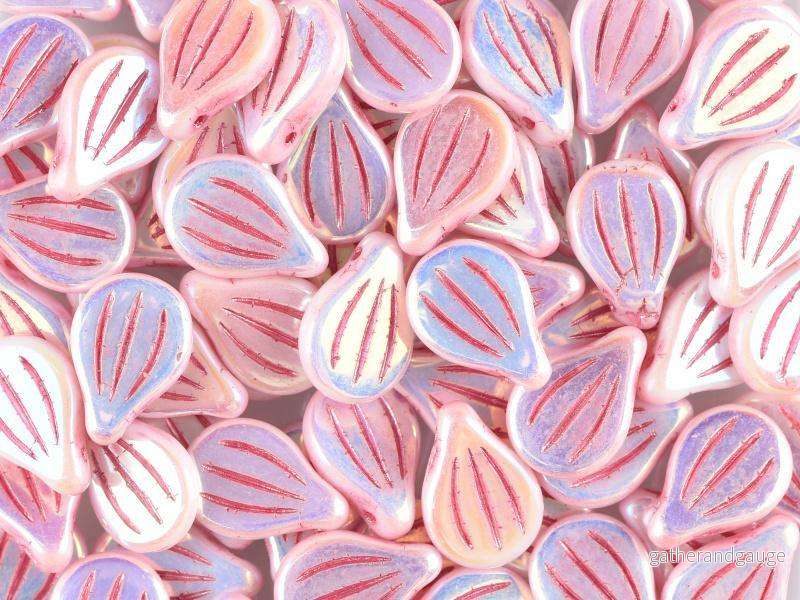 Preciosa Engraved Pip – Alabaster Full AB Pink Painted 9x14mm, 5-pack Preciosa Engraved Pip – Alabaster Full AB Pink Painted 9x14mm, 5-pack