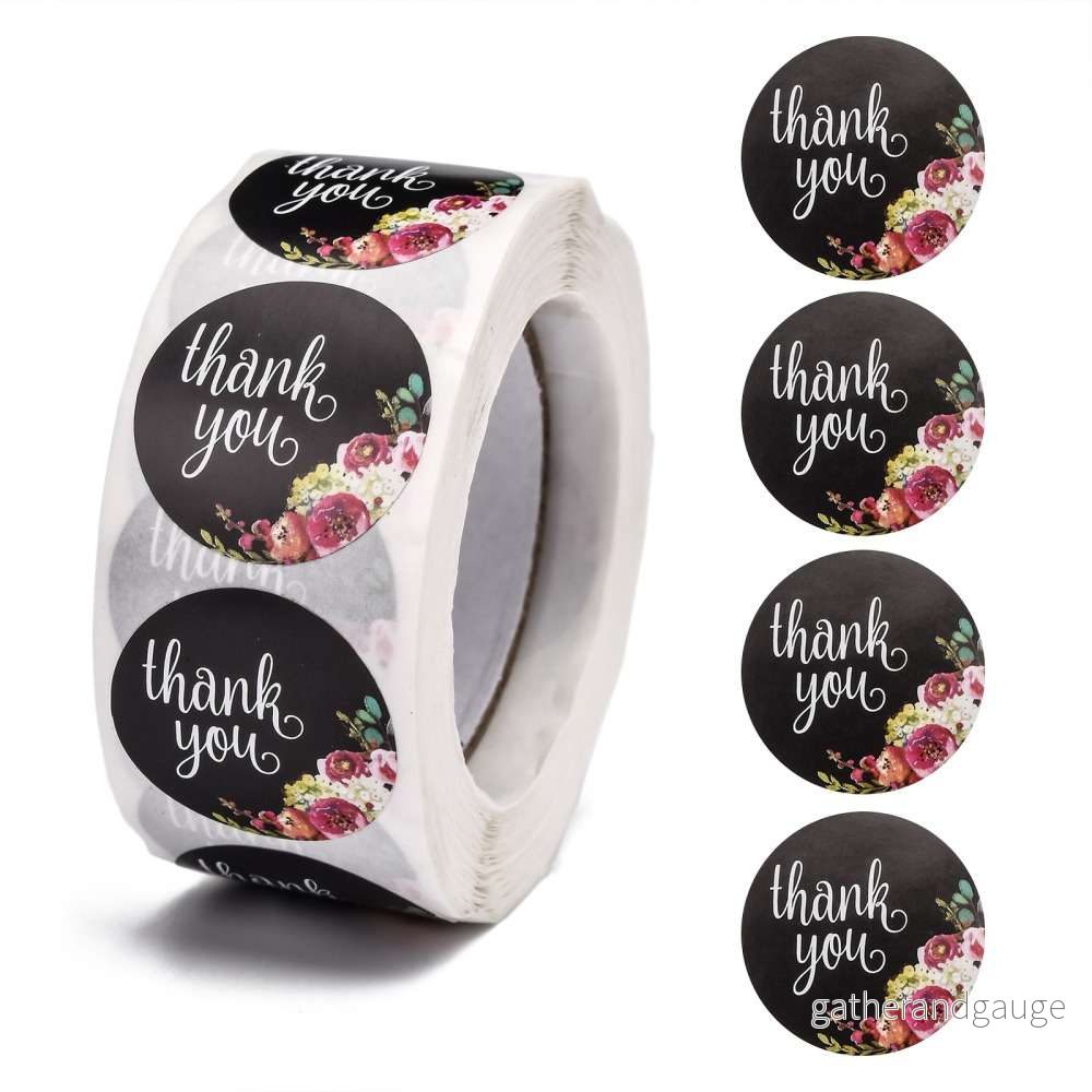 Klistermärken Rund – Thank you Svart med blommor 1 Rulle Klistermärken Rund – Thank you Svart med blommor 1 Rulle