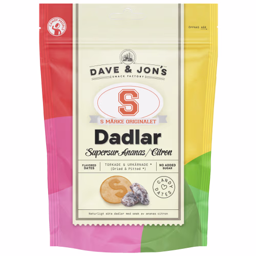 Dave & Jon's Dadlar S-märke Supersur Ananas/Citron 125 g