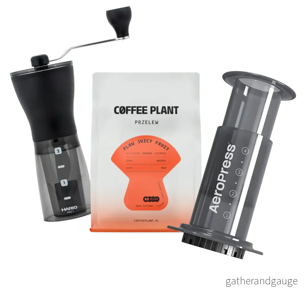 AeroPress Startkit: AeroPress + Hario Mini Mill-kvarn + Flow Juicy Fruit AeroPress Startkit: AeroPress + Hario Mini Mill-kvarn + Flow Juicy Fruit