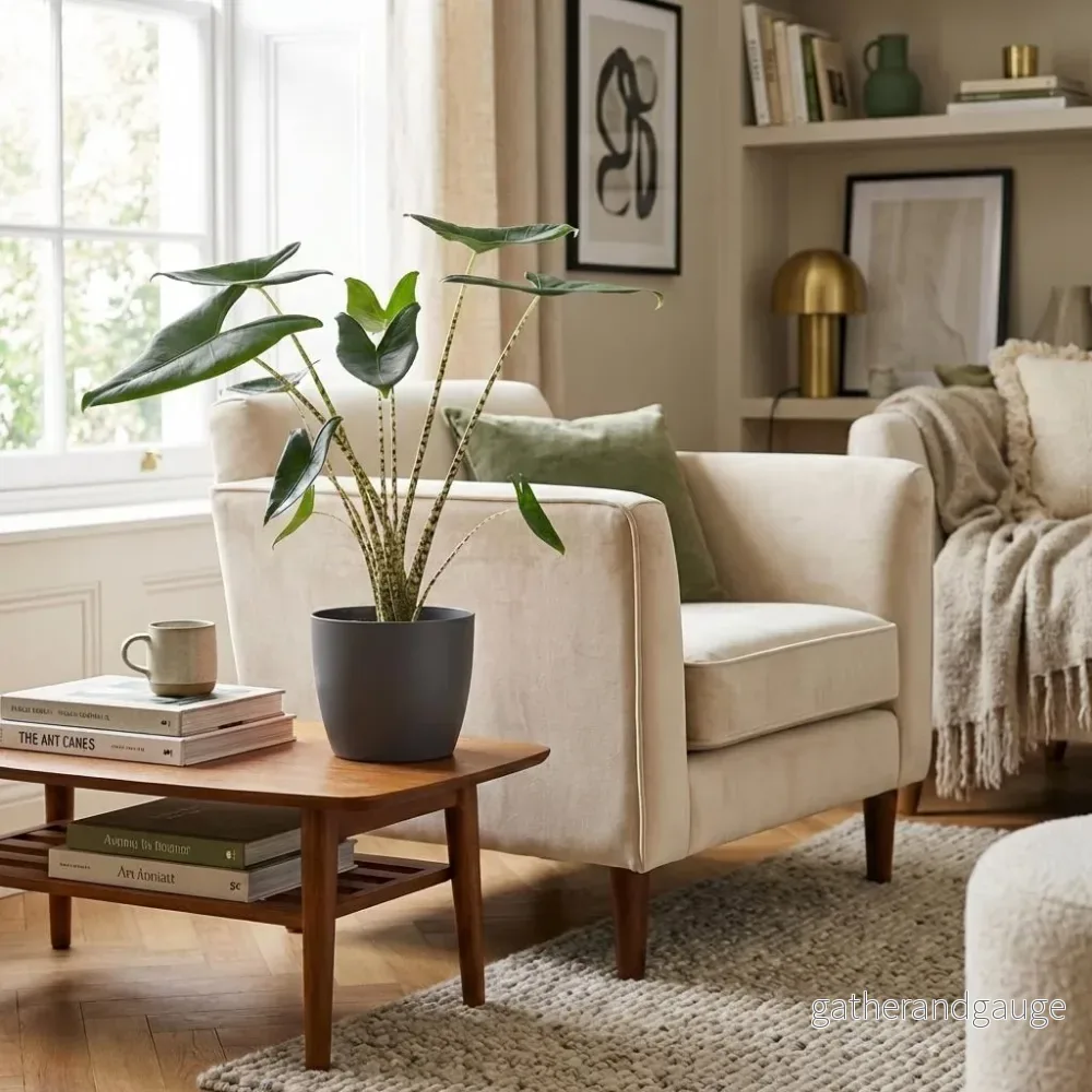 Green boutiQ – Kamerplant – Olifantsoor – Alocasia Zebrina – Groen – Weinig onderhoud – 1 Plant – met Potter Grijs – Kruka 21 cm – Hoogte 70 – 75cm