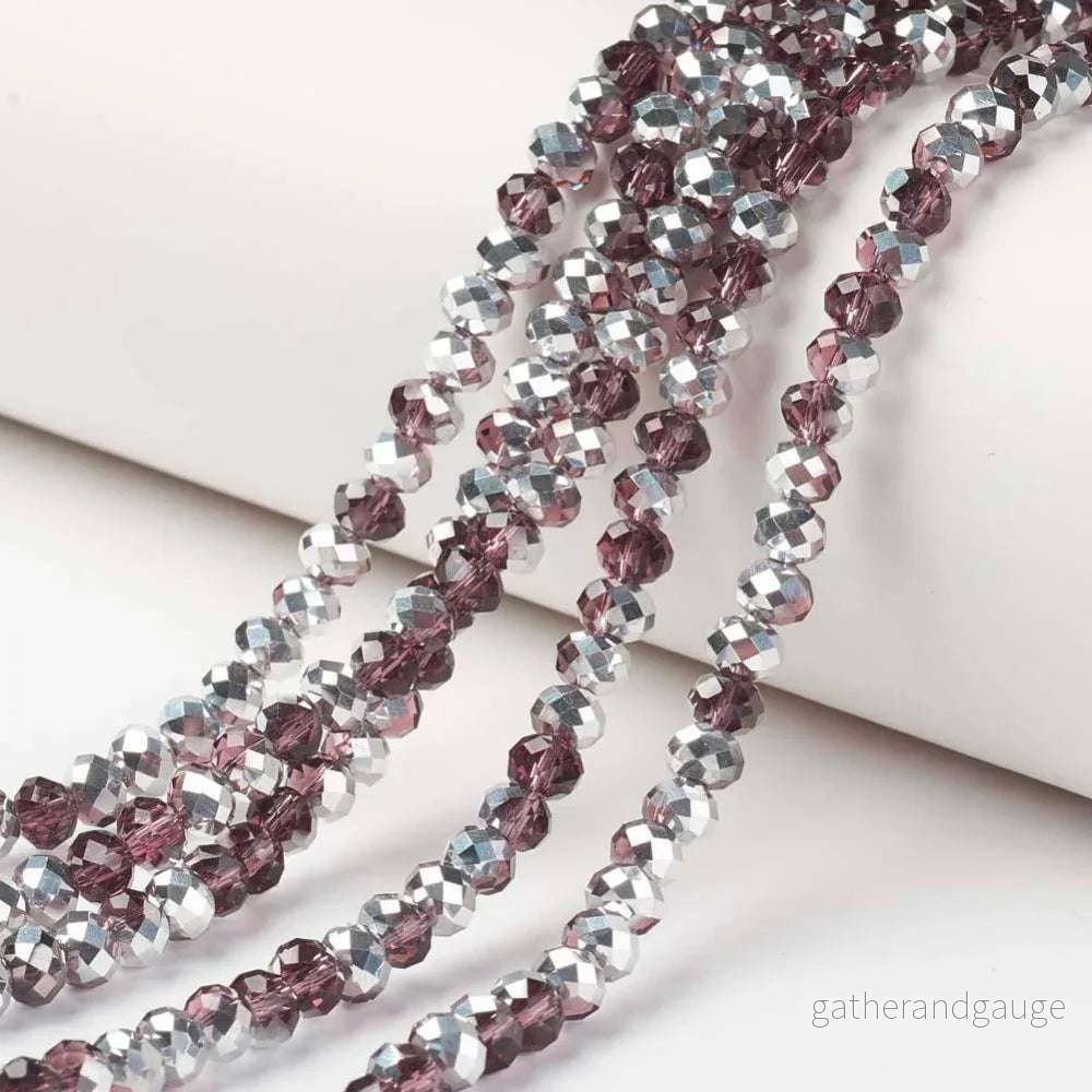 Facetterade Glaspärlor - Lila/Silver, 4x3mm, 1 Sträng - Bild 2