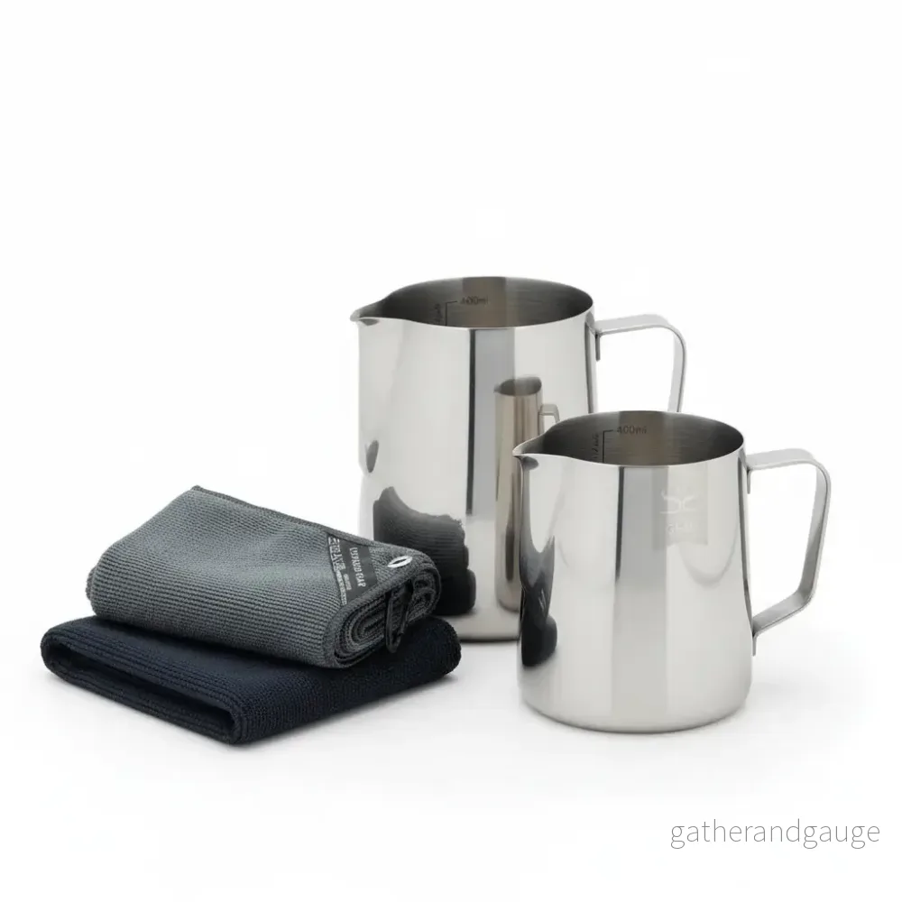 Barista Startpaket – 2 Mjölkkannor & 3 Baristadukar