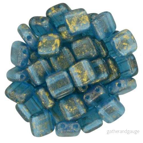 CzechMates Tile Beads – Gold Marbled – Capri Blue, 25-pack